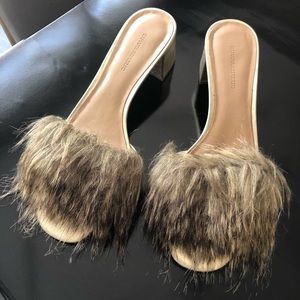 Banana Republic faux fur + gold leather slides